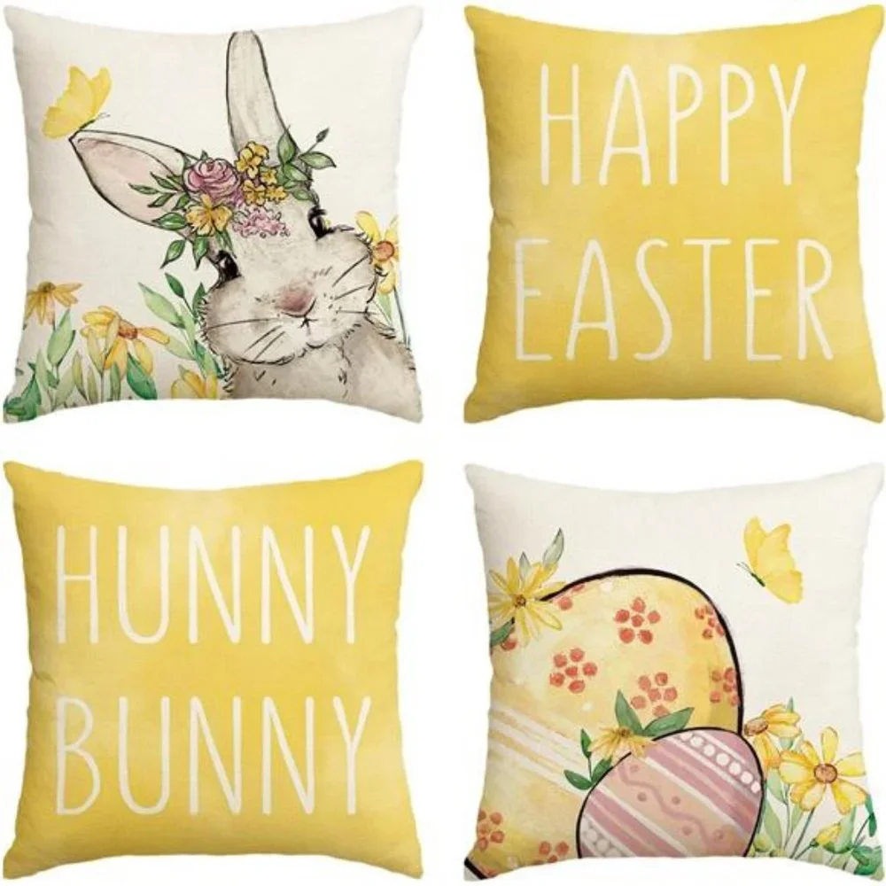 Easter Decorative Throw Pillow Covers Cases Bunny Spring Decor Yellow Accent - Picture 1 of 7